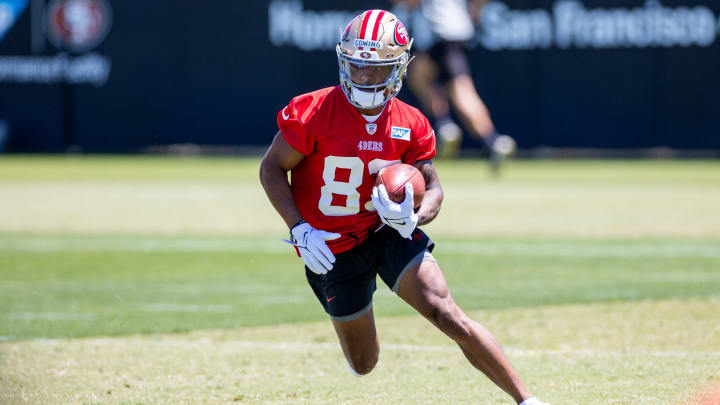 May 10, 2024; Santa Clara, CA, USA; San Francisco 49ers rookie wide receiver Jacob Cowing (83) runs drills during the 49ers rookie minicamp at Levi’s Stadium in Santa Clara, CA. Mandatory Credit: Robert Kupbens-USA TODAY Sports