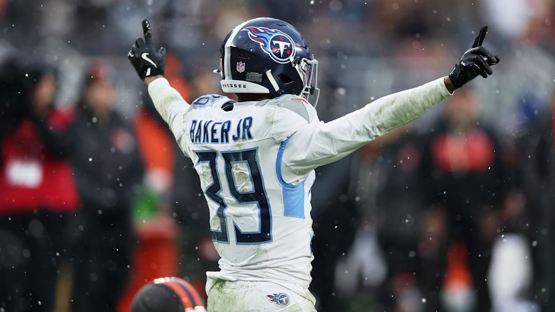 Tennessee Titans cornerback Darrell Baker Jr. reacts after breaking up a pass intended for Cleveland Browns wide receiver Isaiah Bond during the third quarter at Huntington Bank Field last December.