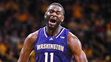 Feb 22, 2025; Iowa City, Iowa, USA; Washington Huskies center Franck Kepnang (11) reacts during the second half against the Iowa Hawkeyes at Carver-Hawkeye Arena. Mandatory Credit: Jeffrey Becker-Imagn Images