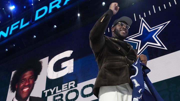 Alabama Crimson Tide offensive lineman Tyler Booker is selected by the Dallas Cowboys as the number twelve pick in the first round of the 2025 NFL Draft at Lambeau Field.