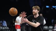 Brooklyn Nets forward Drew Timme (26) warms up prior to the game against the Toronto Raptors at Barclays Center.