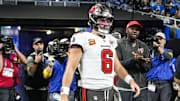 Tampa Bay Buccaneers quarterback Baker Mayfield (6) takes the field for warm up at Ford Field in Detroit on Monday, Oct. 20, 2025.