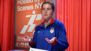 Jul 8, 2024; New York City, New York, USA; US Women's National Team defender Tierna Davidson talks to the media during a press conference at Nike House of Innovation NYC.