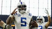 Indianapolis Colts quarterback Anthony Richardson (5) celebrates after rushing for a touchdown.