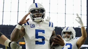Dec 22, 2024; Indianapolis, Indiana, USA; Indianapolis Colts quarterback Anthony Richardson (5) celebrates after rushing for a touchdown during a game against the Tennessee Titans at Lucas Oil Stadium. Mandatory Credit: Christine Tannous/USA Today Network via Imagn Images 