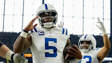 Indianapolis Colts quarterback Anthony Richardson (5) celebrates after rushing for a touchdown Sunday, Dec. 22, 2024, during a game against the Tennessee Titans at Lucas Oil Stadium in Indianapolis.