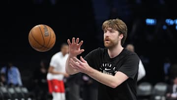 Apr 6, 2025; Brooklyn, New York, USA;  Brooklyn Nets forward Drew Timme (26) warms up prior to the game against the Toronto Raptors at Barclays Center. Mandatory Credit: Gregory Fisher-Imagn Images