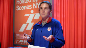 Jul 8, 2024; New York City, New York, USA; US Women's National Team defender Tierna Davidson talks to the media during a press conference at Nike House of Innovation NYC.