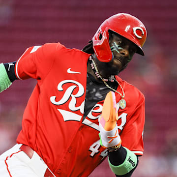 Cincinnati Reds shortstop Elly De La Cruz (44) scores on a RBI single hit by catcher Tyler Stephenson (not pictured) in the third inning against the Houston Astros at Great American Ball Park on Sept 4.