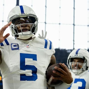Indianapolis Colts quarterback Anthony Richardson (5) celebrates after rushing for a touchdown Sunday, Dec. 22, 2024, during a game against the Tennessee Titans at Lucas Oil Stadium in Indianapolis.