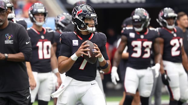 Sep 28, 2025; Houston, Texas, USA; Houston Texans quarterback CJ. Stroud (7) warms up before a game against the Tennessee Tit