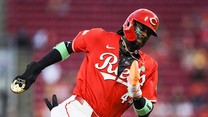 Cincinnati Reds shortstop Elly De La Cruz (44) scores on a RBI single hit by catcher Tyler Stephenson (not pictured) in the third inning against the Houston Astros at Great American Ball Park on Sept 4.