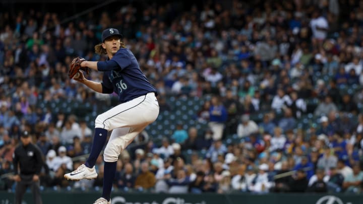 Seattle Mariners starting pitcher Logan Gilbert (36) throws against the Tampa Bay Rays during the fourth inning at T-Mobile Park on Aug 27.