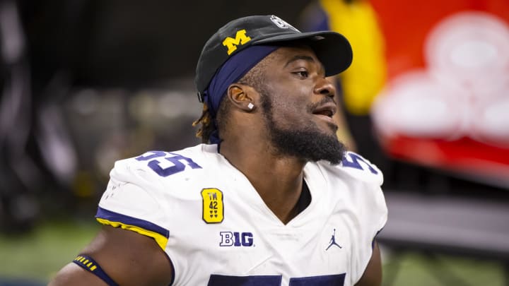 Dec 4, 2021; Indianapolis, IN, USA; Michigan Wolverines linebacker David Ojabo (55) against the Iowa Hawkeyes in the Big Ten Conference championship game at Lucas Oil Stadium. Mandatory Credit: Mark J. Rebilas-USA TODAY Sports