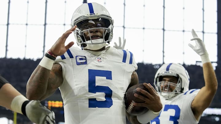Indianapolis Colts quarterback Anthony Richardson celebrates after rushing for a touchdown during a game against the Tennessee Titans. Indianapolis Colts quarterback Anthony Richardson celebrates after rushing for a touchdown during a game against the Tennessee Titans.