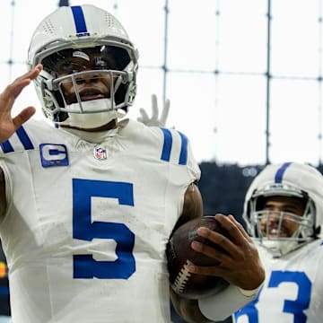 Indianapolis Colts quarterback Anthony Richardson (5) celebrates after rushing for a touchdown Sunday, Dec. 22, 2024, during a game against the Tennessee Titans at Lucas Oil Stadium in Indianapolis.