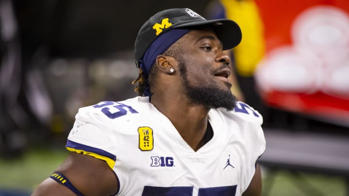 Dec 4, 2021; Indianapolis, IN, USA; Michigan Wolverines linebacker David Ojabo (55) against the Iowa Hawkeyes in the Big Ten Conference championship game at Lucas Oil Stadium. Mandatory Credit: Mark J. Rebilas-USA TODAY Sports