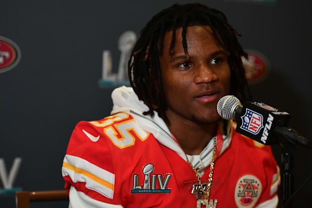 Kansas City Chiefs cornerback Charvarius Ward speaks with the media during Super Bowl Media Day. 