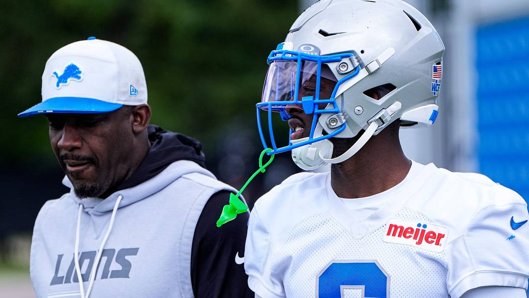 Detroit Lions cornerback Terrion Arnold (6), right, talk to assistant head coach and wide receivers coach Scottie Montgomery during mini camp at Meijer Performance Center in Allen Park on Tuesday, June 16, 2026.