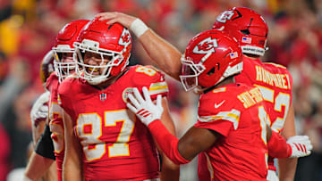 Oct 27, 2025; Kansas City, Missouri, USA; Kansas City Chiefs tight end Travis Kelce (87) celebrates after scoring a touchdown against the Washington Commanders during the third quarter of the game at GEHA Field at Arrowhead Stadium. Mandatory Credit: Jay Biggerstaff-Imagn Images
