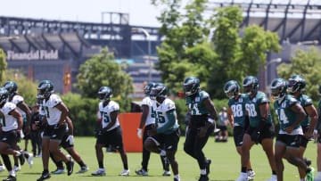 May 30, 2024; Philadelphia, PA, USA; The Philadelphia Eagles run drills at NovaCare Complex. Mandatory Credit: Bill Streicher-USA TODAY Sports