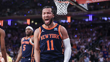 May 8, 2024; New York, New York, USA; New York Knicks guard Jalen Brunson (11) celebrates in the fourth quarter  after scoring against the Indiana Pacers during game two of the second round for the 2024 NBA playoffs at Madison Square Garden. Mandatory Credit: Wendell Cruz-Imagn Images