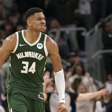 Nov 26, 2023; Milwaukee, Wisconsin, USA;  Milwaukee Bucks forward Giannis Antetokounmpo (34) reacts after scoring a basket during the fourth quarter against the Portland Trail Blazers at Fiserv Forum. Mandatory Credit: Jeff Hanisch-USA TODAY Sports