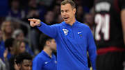 Mar 15, 2025; Charlotte, NC, USA; Duke Blue Devils head coach Jon Scheyer in the second half of the 2025 ACC Conference Championship game against the Louisville Cardinals at Spectrum Center. Mandatory Credit: Jim Dedmon-Imagn Images