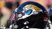 Nov 13, 2022; Kansas City, Missouri, USA; A detail view of a Jacksonville Jaguars helmet against the Kansas City Chiefs during the first half of the game at GEHA Field at Arrowhead Stadium. Mandatory Credit: Denny Medley-USA TODAY Sports