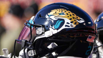 Nov 13, 2022; Kansas City, Missouri, USA; A detail view of a Jacksonville Jaguars helmet against the Kansas City Chiefs during the first half of the game at GEHA Field at Arrowhead Stadium. Mandatory Credit: Denny Medley-USA TODAY Sports