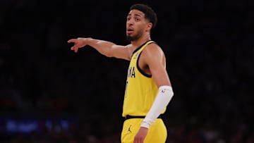 iMay 21, 2025; New York, New York, USA; Indiana Pacers guard Tyrese Haliburton (0) reacts in the third quarter against the New York Knicks during game one of the eastern conference finals for the 2025 NBA Playoffs at Madison Square Garden. Mandatory Credit: Brad Penner-Imagn Images