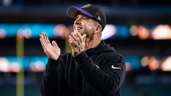 Dec 17, 2023; Jacksonville, Florida, USA; Baltimore Ravens head coach John Harbaugh reacts after the game against the Jacksonville Jaguars at EverBank Stadium. Mandatory Credit: Jeremy Reper-USA TODAY Sports