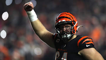 Jan 15, 2023; Cincinnati, Ohio, USA; Cincinnati Bengals center Ted Karras (64) gestures while