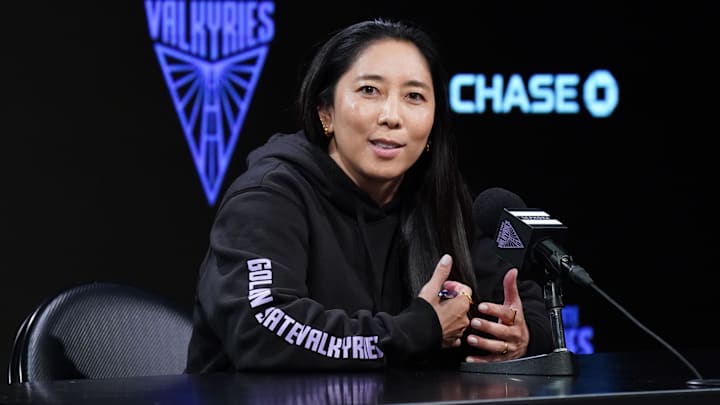 Golden State Valkyries head coach Natalie Nakase addresses the media before the game against the Chicago Sky at Chase Center. Golden State Valkyries head coach Natalie Nakase addresses the media before the game against the Chicago Sky at Chase Center.
