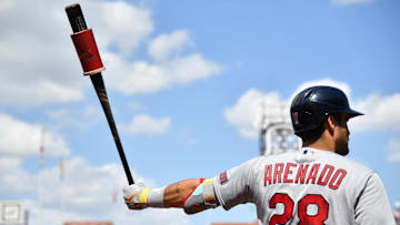 Aug 27, 2023; Philadelphia, Pennsylvania, USA; St. Louis Cardinals third baseman Nolan Arenado (28) on deck against the Philadelphia Phillies at Citizens Bank Park. Mandatory Credit: Eric Hartline-Imagn Images