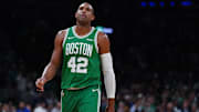 May 7, 2025; Boston, Massachusetts, USA; Boston Celtics center Al Horford (42) returns up court against the New York Knicks in the fourth quarter during game two of the second round for the 2025 NBA Playoffs at TD Garden. Mandatory Credit: David Butler II-Imagn Images