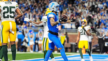 Detroit Lions wide receiver Tim Patrick (17) scores a touchdown against Green Bay Packers during the second half at Ford Field in Detroit on Thursday, Dec. 5, 2024.