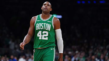 May 7, 2025; Boston, Massachusetts, USA; Boston Celtics center Al Horford (42) returns up court against the New York Knicks in the fourth quarter during game two of the second round for the 2025 NBA Playoffs at TD Garden. Mandatory Credit: David Butler II-Imagn Images