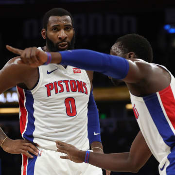 Nov 7, 2018; Orlando, FL, USA;Detroit Pistons center Andre Drummond (0) and  guard Reggie Jackson (1)  talk during the second quarter at Amway Center. Mandatory Credit: Kim Klement-USA TODAY Sports