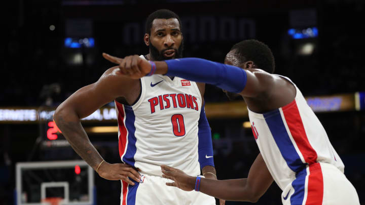 Nov 7, 2018; Orlando, FL, USA;Detroit Pistons center Andre Drummond (0) and  guard Reggie Jackson (1)  talk during the second quarter at Amway Center. Mandatory Credit: Kim Klement-USA TODAY Sports