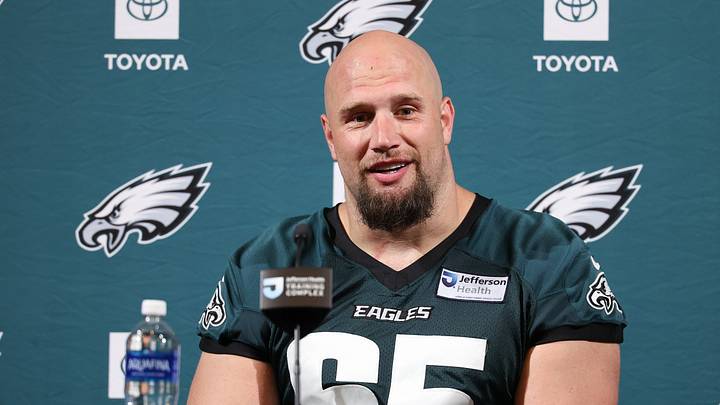 Jun 9, 2026; Philadelphia, PA, USA; Philadelphia Eagles offensive tackle Lane Johnson (65) speaks with the media at Jefferson Health Training Complex. Mandatory Credit: Bill Streicher-Imagn Images