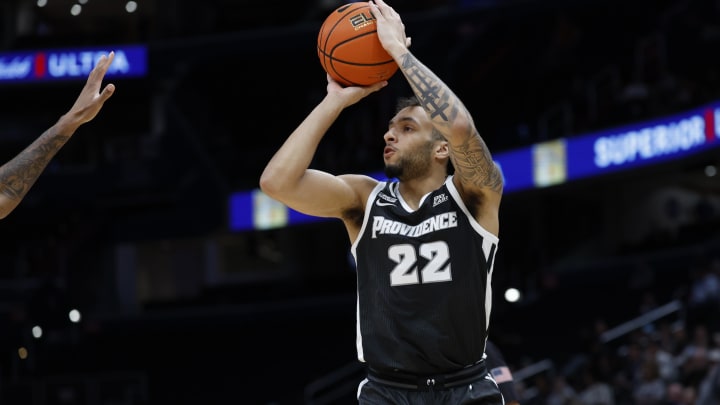 Mar 5, 2024; Washington, District of Columbia, USA; Providence Friars guard Devin Carter (22) shoots the ball against the Georgetown Hoyas in the first half at Capital One Arena. Mandatory Credit: Geoff Burke-USA TODAY Sports