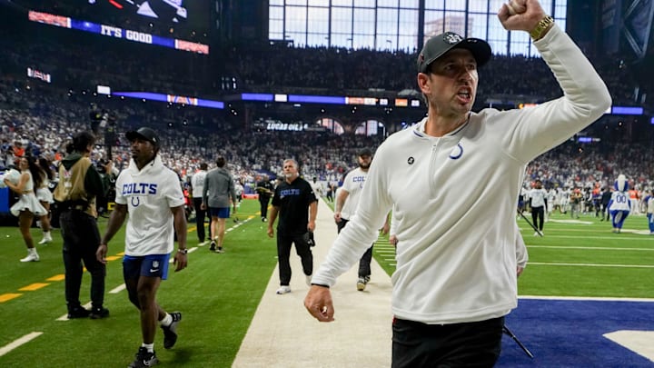 Indianapolis Colts head coach Shane Steichen leaves the field Sunday, Sept. 14, 2025, after winning a game against the Denver Broncos at Lucas Oil Stadium in Indianapolis.
