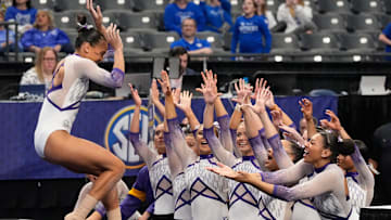 Mar 22, 2025; Birmingham AL, USA; before Session 2 of the SEC Gymnastics Championship at Legacy Arena in Birmingham, Alabama. LSU won the event to claim the SEC crown.