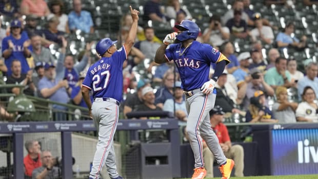 Jun 24, 2024; Milwaukee, Wisconsin, USA;  Texas Rangers right fielder Adolis Garcia (53) rounds the bases after hitting a home run during the sixth inning against the Milwaukee Brewers at American Family Field. Mandatory Credit: Jeff Hanisch-USA TODAY Sports