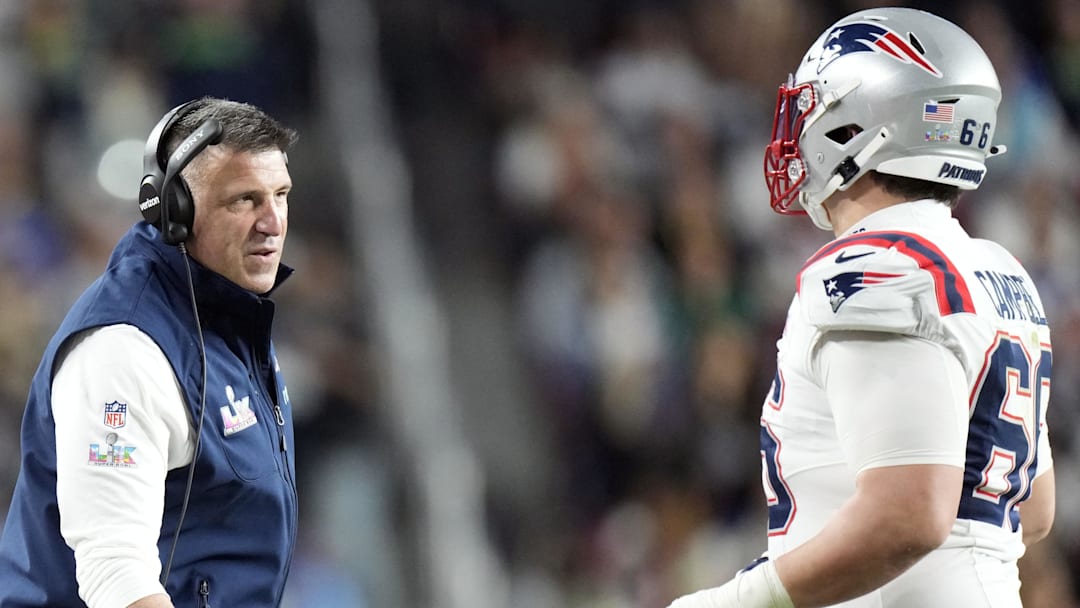 Feb 8, 2026; Santa Clara, CA, USA; New England Patriots head coach Mike Vrabel talks with offensive tackle Will Campbell (66) during the third quarter against the Seattle Seahawks in Super Bowl LX at Levi's Stadium. Feb 8, 2026; Santa Clara, CA, USA; New England Patriots head coach Mike Vrabel talks with offensive tackle Will Campbell (66) during the third quarter against the Seattle Seahawks in Super Bowl LX at Levi's Stadium.