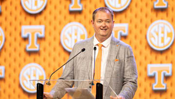 Jul 16, 2024; Dallas, TX, USA; Tennessee head coach Josh Heupel speaking at Omni Dallas Hotel. Mandatory Credit: Brett Patzke-Imagn Images