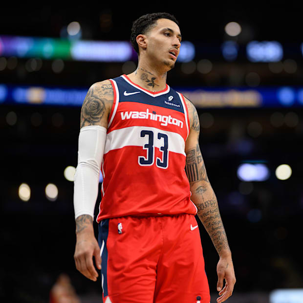 Washington Wizards forward Kyle Kuzma looks on during the third quarter against the Detroit Pistons in 2023-24.