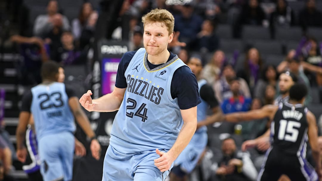 Feb 4, 2026; Sacramento, California, USA; Memphis Grizzlies guard Cam Spencer (24) celebrates after making a three point shot against the Sacramento Kings during the fourth quarter at Golden 1 Center. Mandatory Credit: Ed Szczepanski-Imagn Images