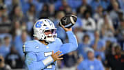 Nov 8, 2025; Chapel Hill, North Carolina, USA; North Carolina Tar Heels quarterback Gio Lopez (7) looks to pass in the second quarter at Kenan Stadium. Mandatory Credit: Bob Donnan-Imagn Images